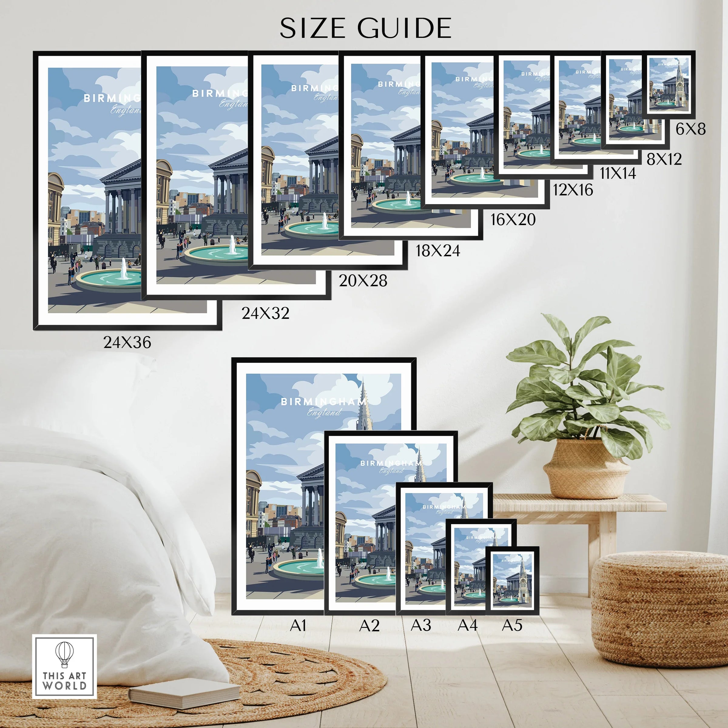 Wall art poster size guide featuring Birmingham England cityscape print above a bed and plant