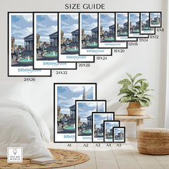 Birmingham skyline travel poster wall art size guide displayed in modern room