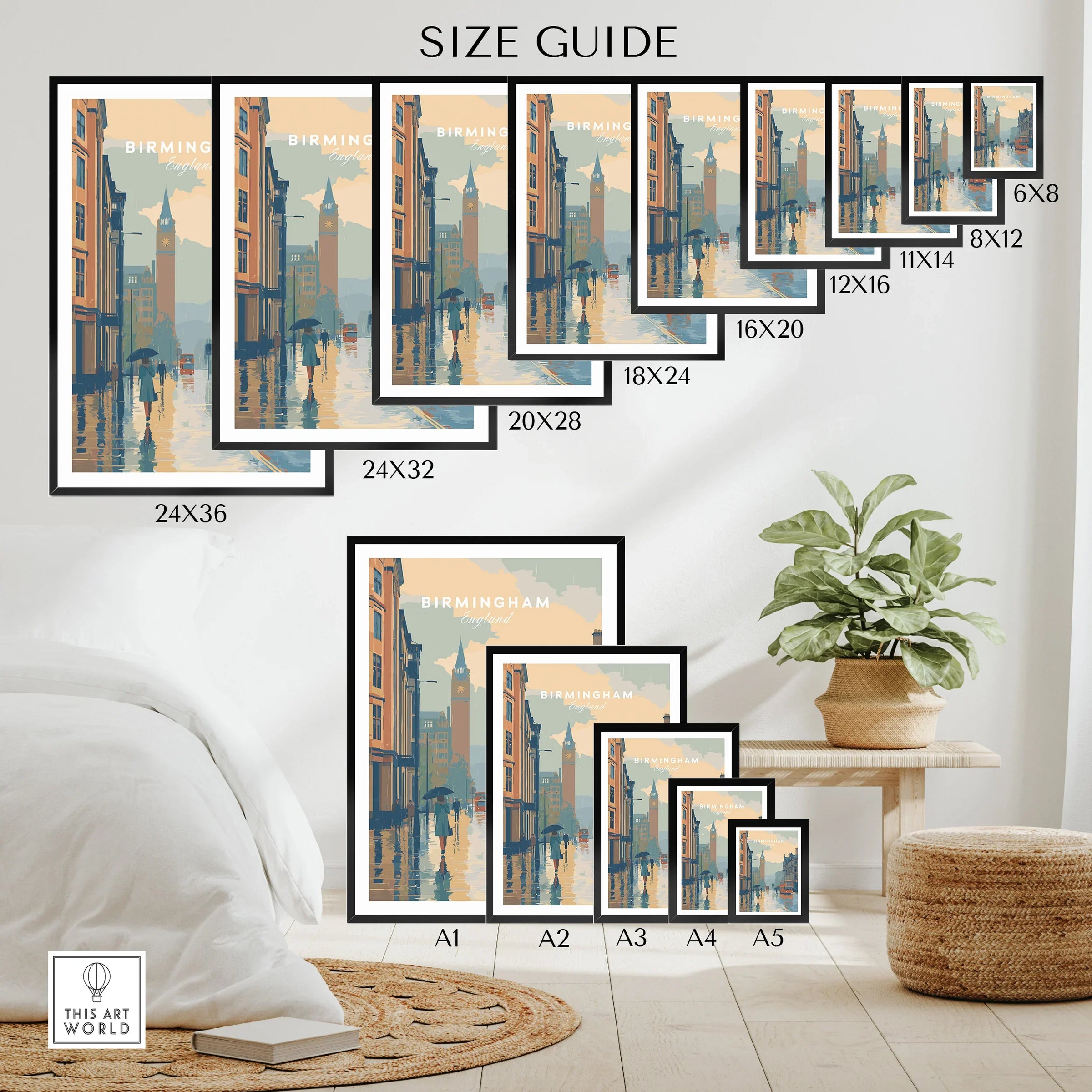 Birmingham city skyline wall art size guide with various poster sizes displayed in a modern room.
