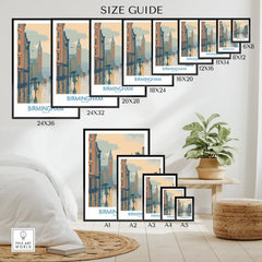 Wall art poster size guide showing Birmingham cityscape prints in various frame sizes on a bedroom wall.