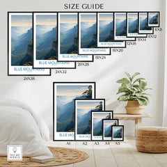 Blue Mountains wall art poster size guide with framed travel prints in various dimensions