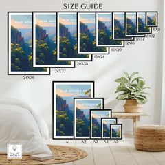 Blue Mountains travel poster size guide with framed wall art prints in a modern room setting.