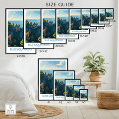 Blue Mountains Australia travel poster size guide with framed wall art in modern bedroom