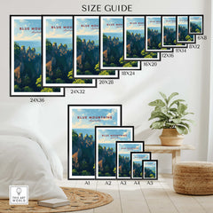 Blue Mountains Australia travel poster wall art size guide with framed prints displayed in modern room.