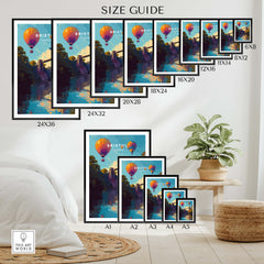 Bristol Travel Poster – Clifton Suspension Bridge and Hot Air Balloons Art size guide displayed with framed options.