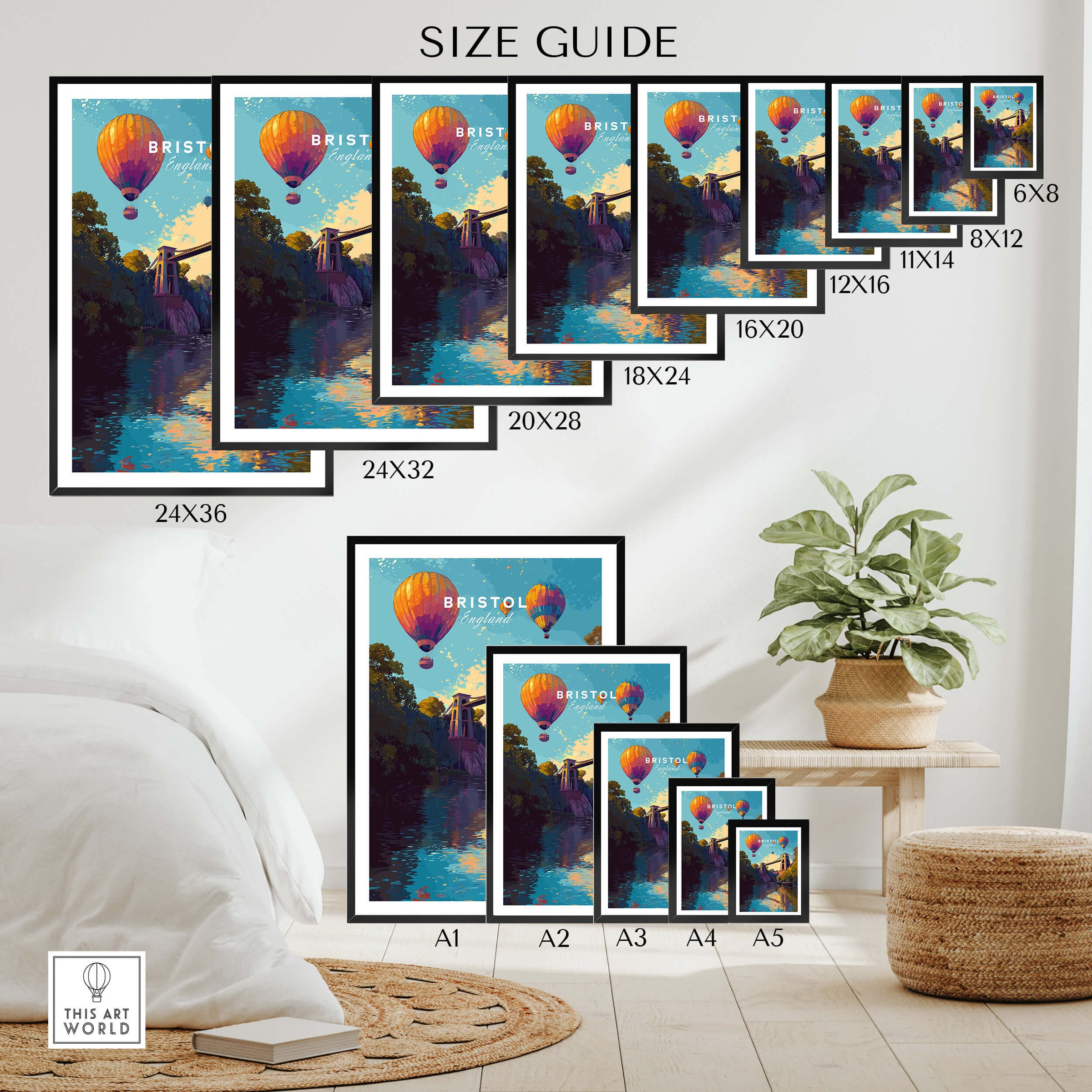 Bristol Travel Poster – Clifton Suspension Bridge and Hot Air Balloons Art size guide displayed with framed options.