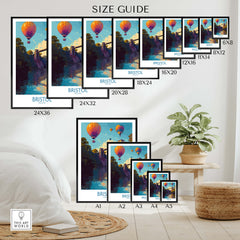 Bristol England Wall Art – River Avon Sunset and Balloon Festival Print size guide with various frame sizes.