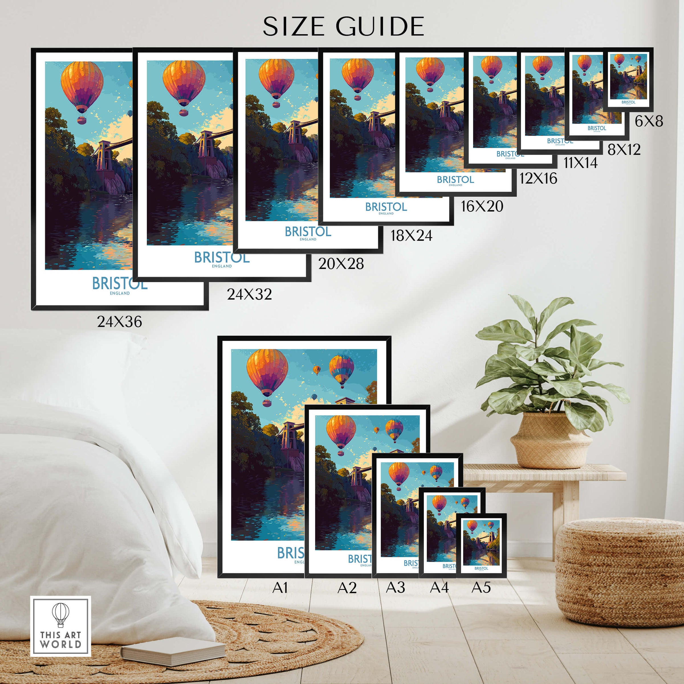 Bristol England Wall Art – River Avon Sunset and Balloon Festival Print size guide with various frame sizes.