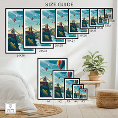 Size guide for Bristol Art Print - Clifton Bridge Poster showcasing various frame dimensions.