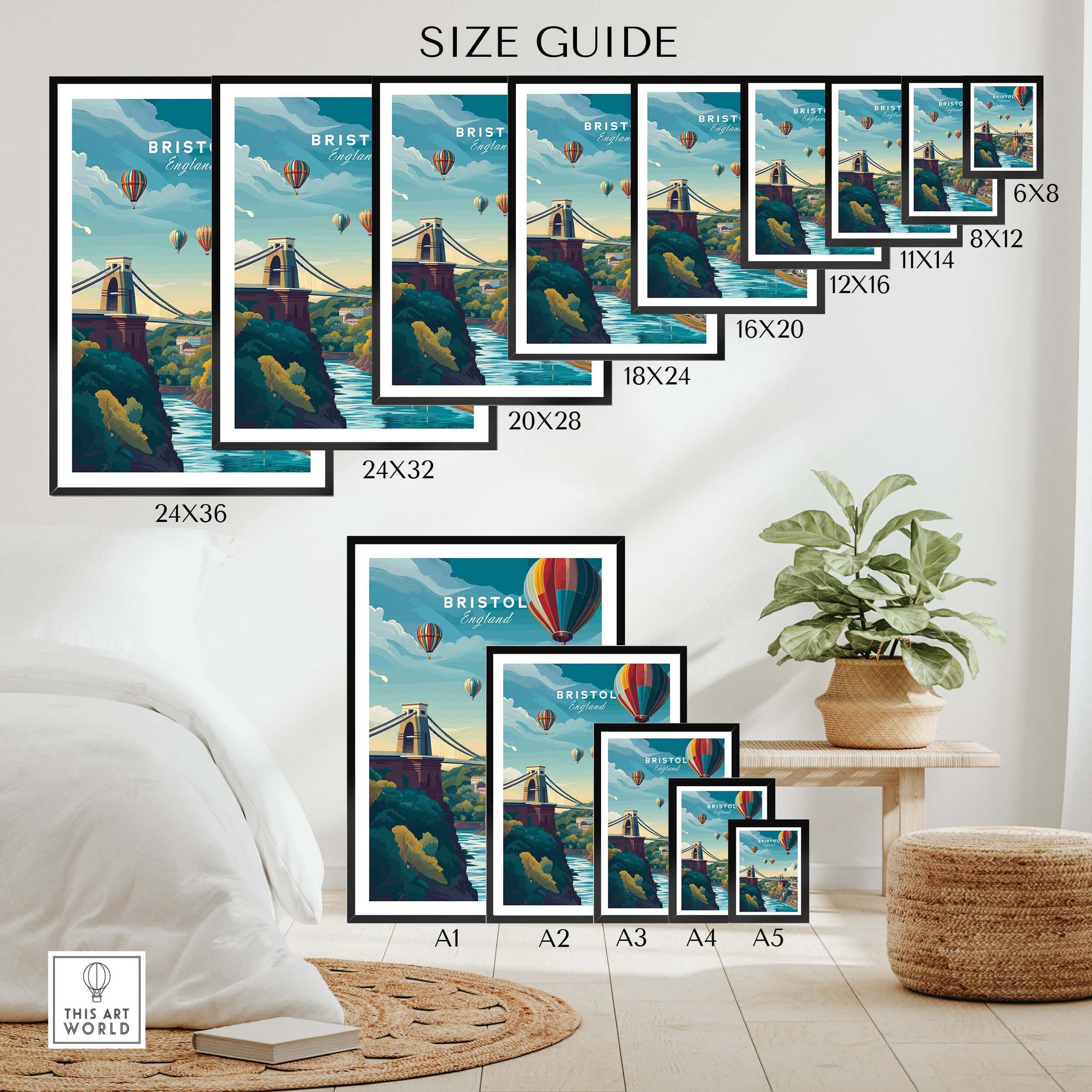 Size guide for Bristol Art Print - Clifton Bridge Poster showcasing various frame dimensions.