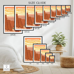 Bryce Canyon National Park wall art poster size guide with various print sizes displayed in a modern bedroom.