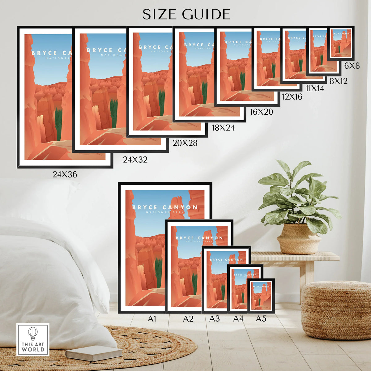 Bryce Canyon National Park wall art poster size guide with framed prints in various sizes on a bedroom wall.