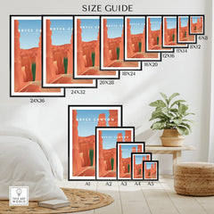 Bryce Canyon National Park wall art poster size guide with framed prints in various sizes on a bedroom wall.