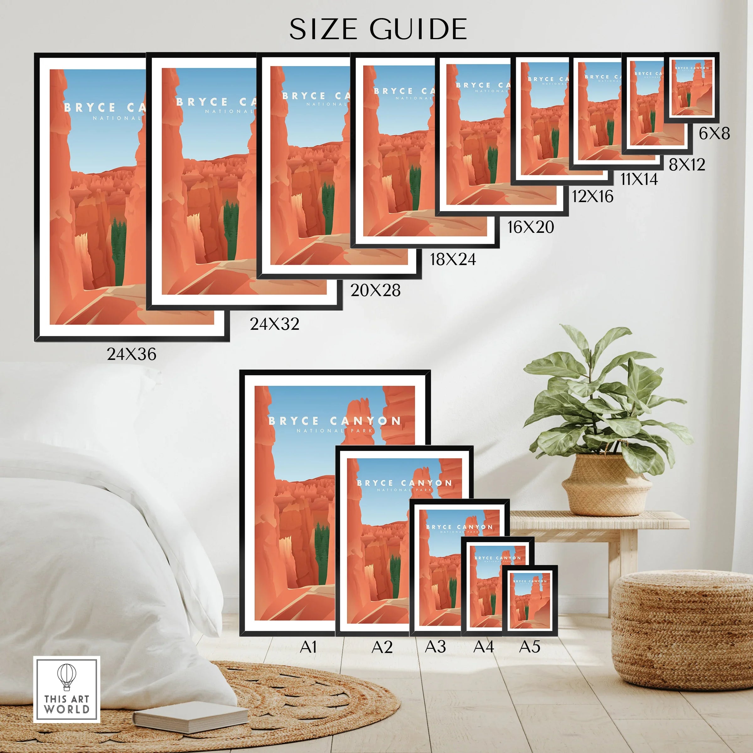 Bryce Canyon National Park wall art poster size guide with framed prints in various sizes on a bedroom wall.