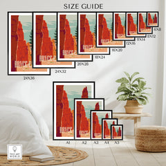 Bryce Canyon National Park wall art poster size guide with various framed print options displayed in a modern bedroom.