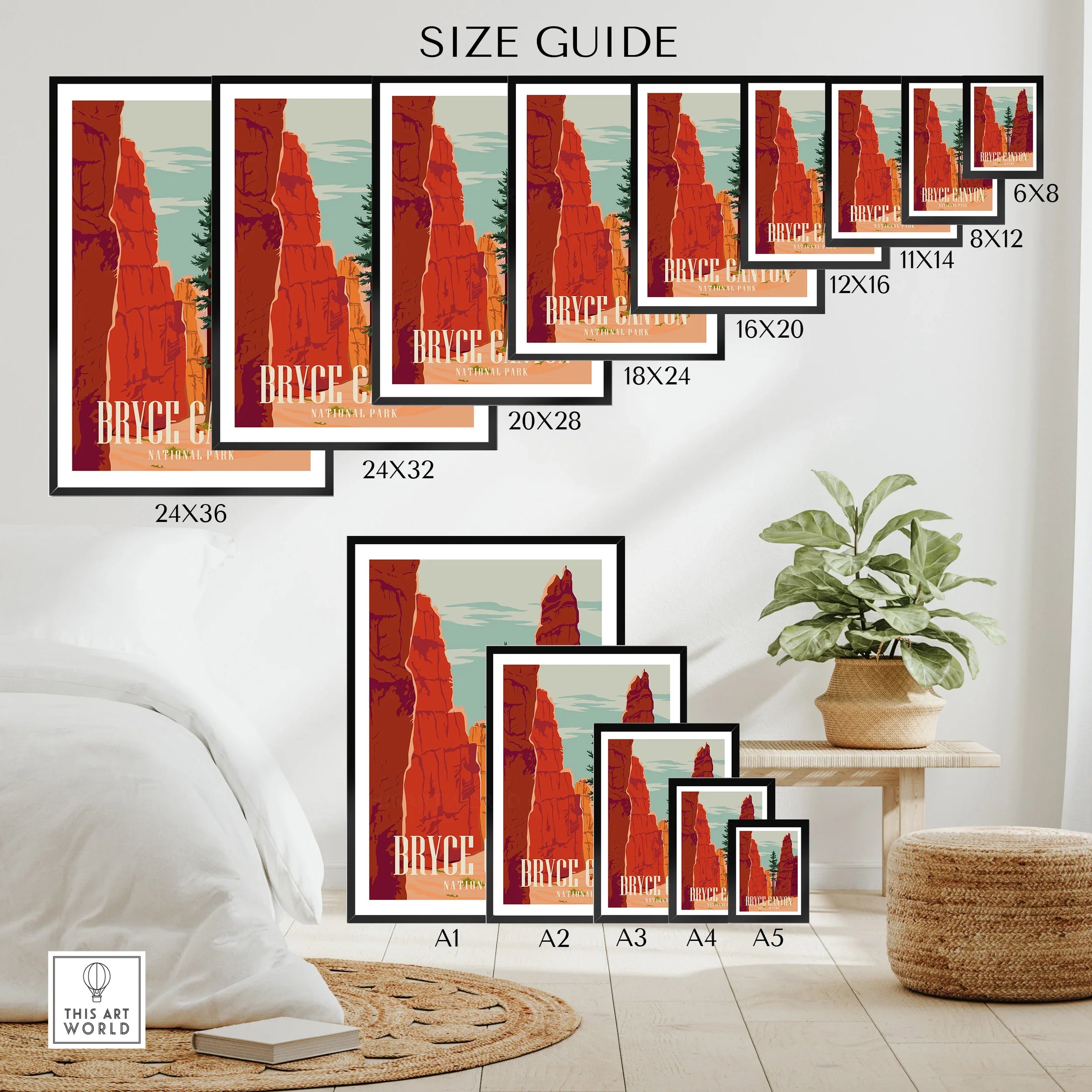 Bryce Canyon National Park wall art poster size guide with various framed print options displayed in a modern bedroom.