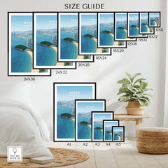 Busan South Korea travel poster wall art size guide with framed print options in a modern room