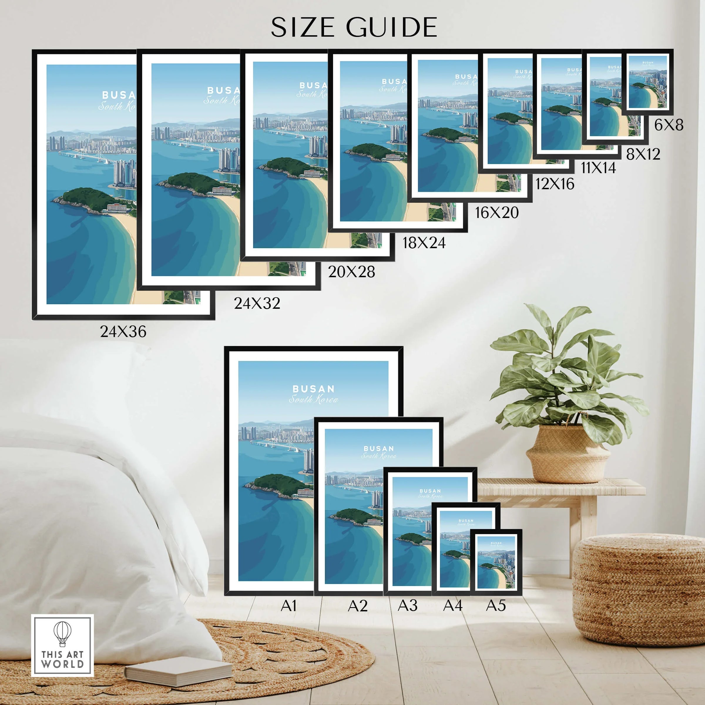 Busan South Korea travel poster wall art size guide with framed print options in a modern room
