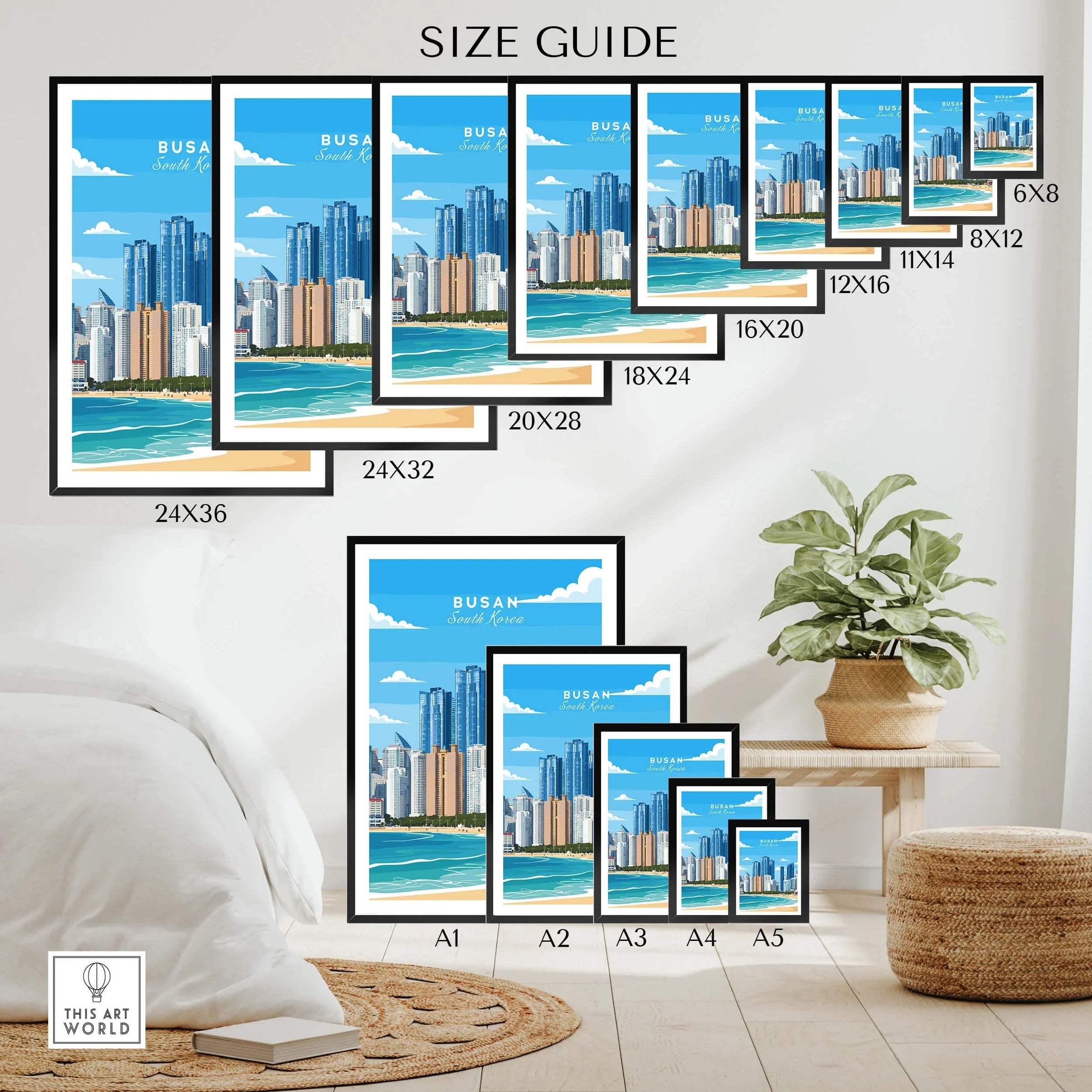 Busan South Korea skyline wall art poster size guide displayed in a modern room setting