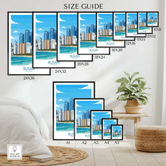 Busan skyline wall art poster size guide with framed travel prints displayed in a modern room