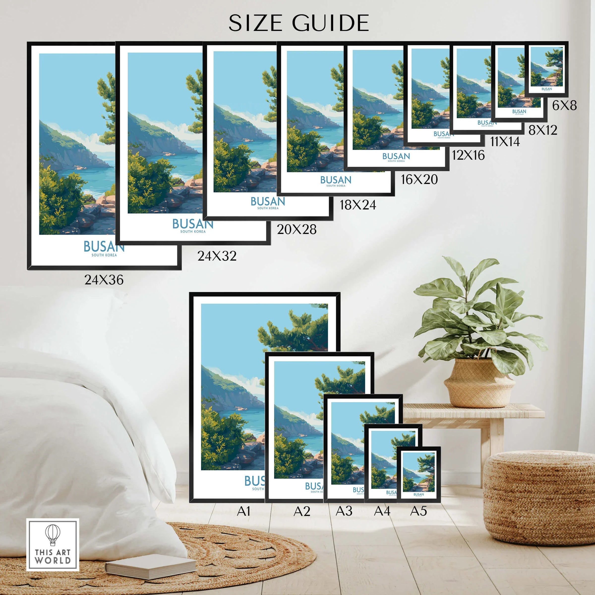 Busan South Korea wall art poster size guide with mountain and ocean landscape in modern bedroom