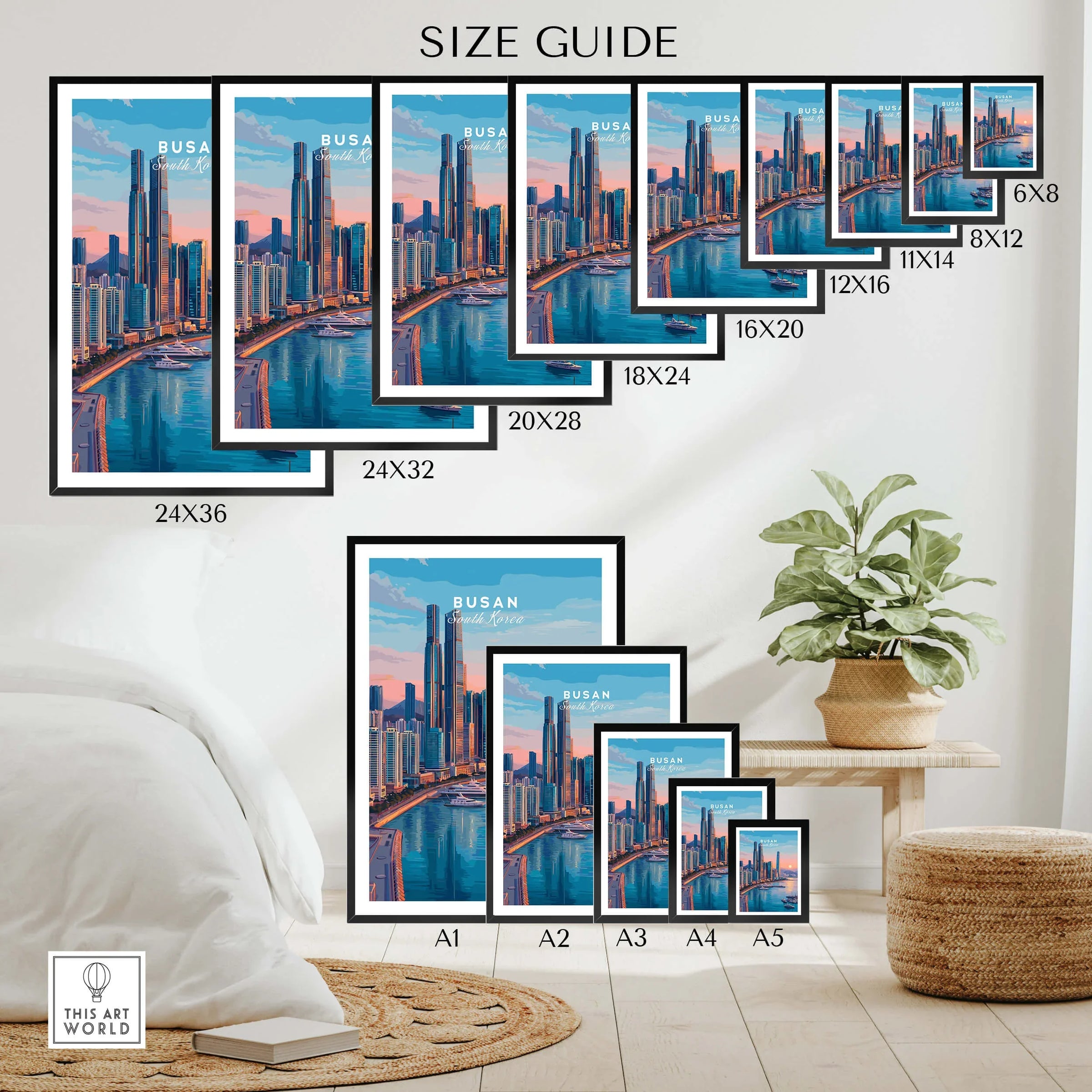 Busan skyline wall art poster size guide with framed prints in various dimensions on bedroom wall.
