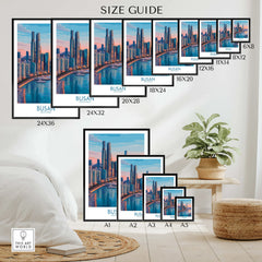 Busan city skyline travel poster size guide with various framed wall art prints displayed in a modern room