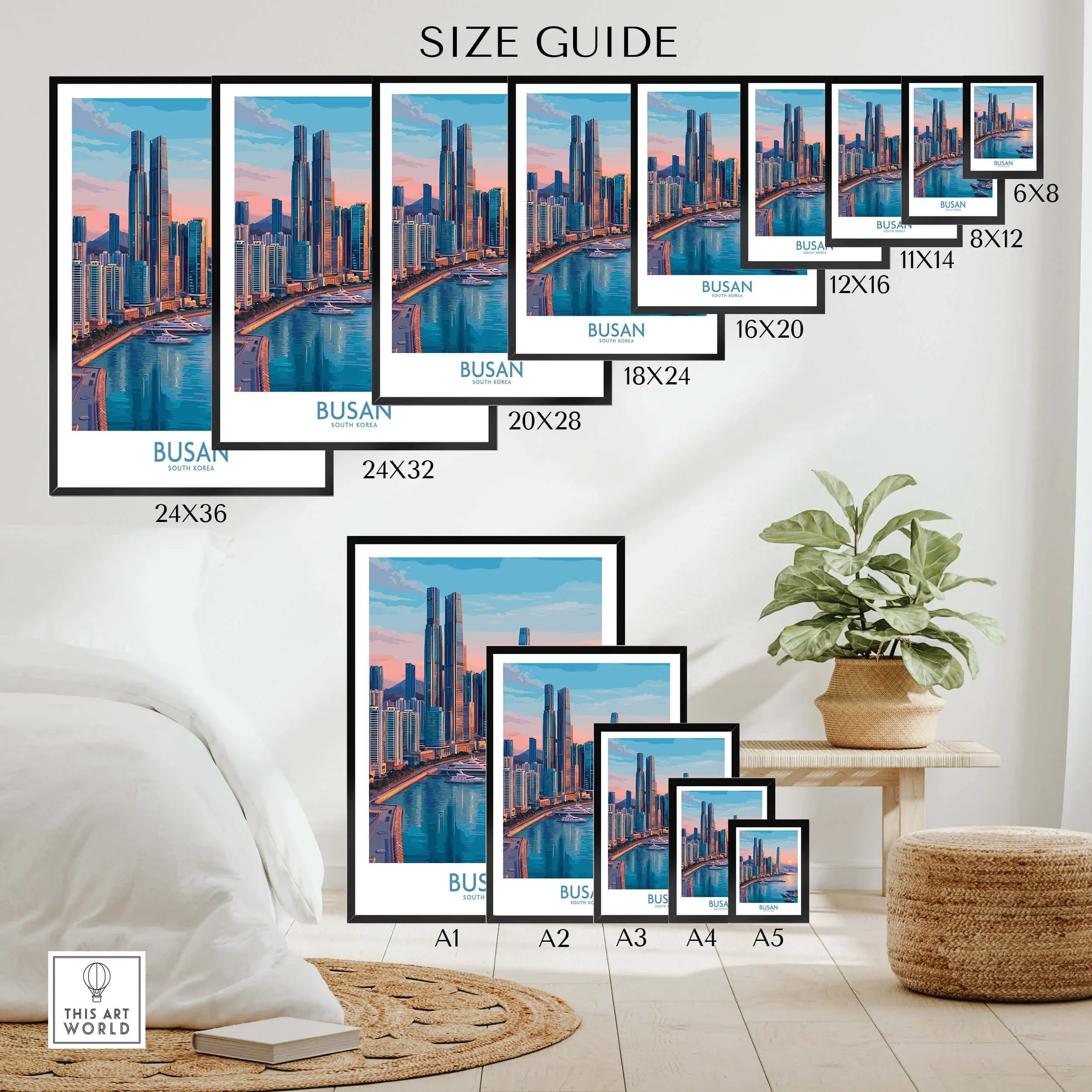 Busan city skyline travel poster size guide with various framed wall art prints displayed in a modern room