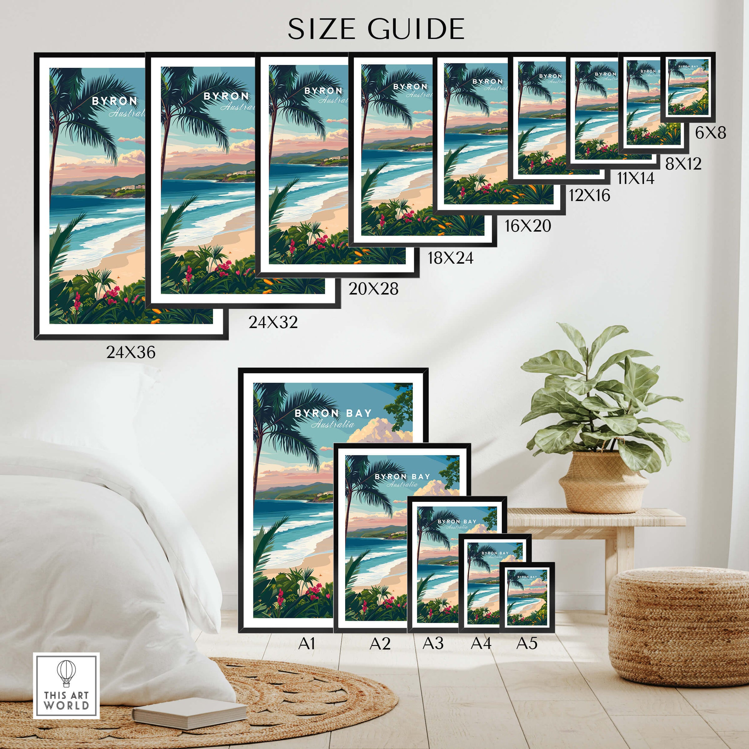 Byron Bay Australia Travel Poster size guide showcasing various frame sizes and beach design.