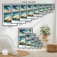 Byron Bay Poster - Australia Wall Art size guide showcasing various frame sizes and dimensions for home decor.