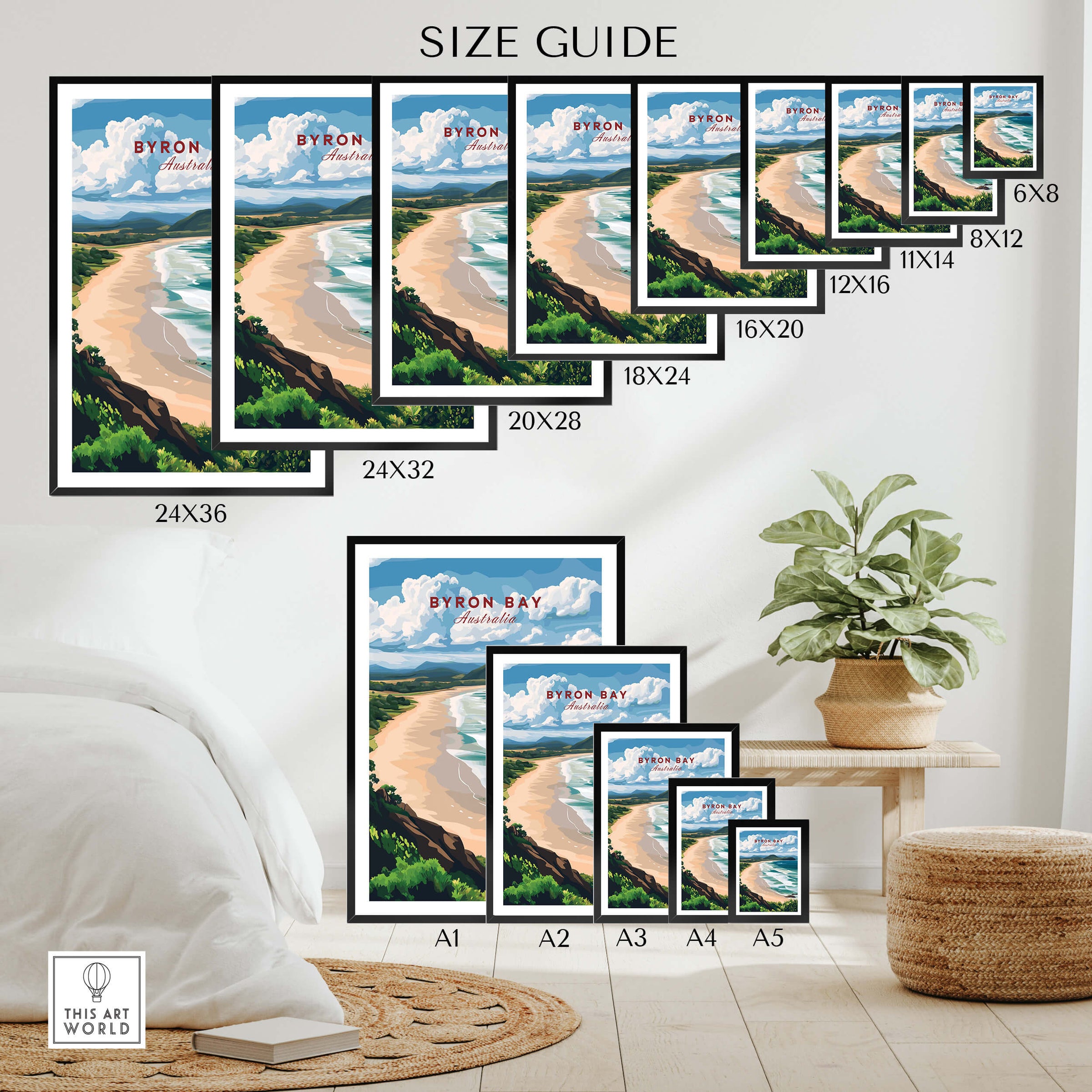 Size guide for Byron Bay Beach Print - Australia Wall Art in various dimensions.