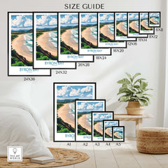 Byron Bay Wall Art Print Australia size guide showcasing various frame sizes and artwork for home decor.