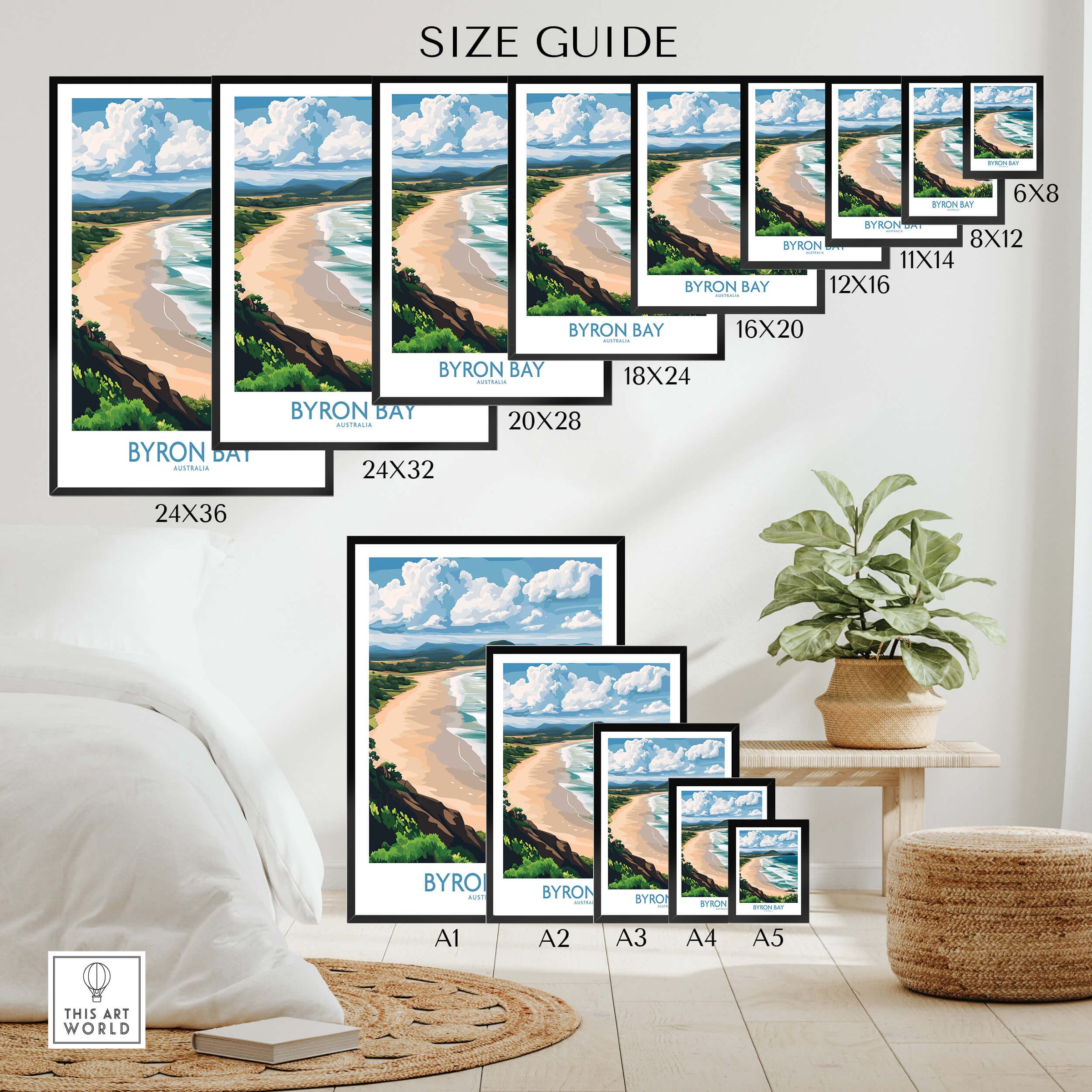 Byron Bay Wall Art Print Australia size guide showcasing various frame sizes and artwork for home decor.