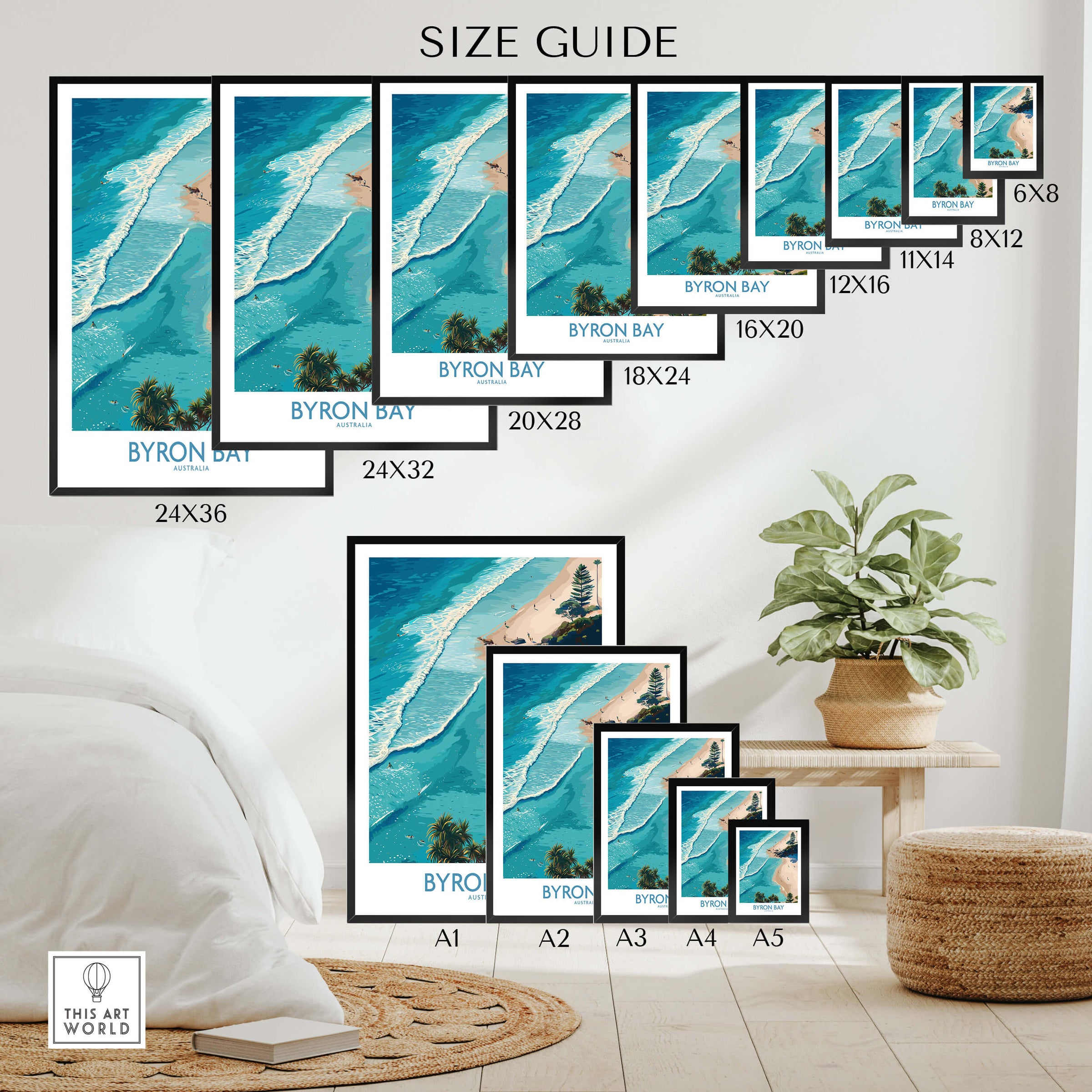 Byron Bay Beach Australia Canvas Art Print size guide showcasing various frame sizes and coastal art design.