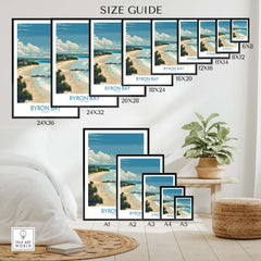 Byron Bay Wall Art Australia Travel Print size guide showcasing various frame sizes and artwork arrangement.