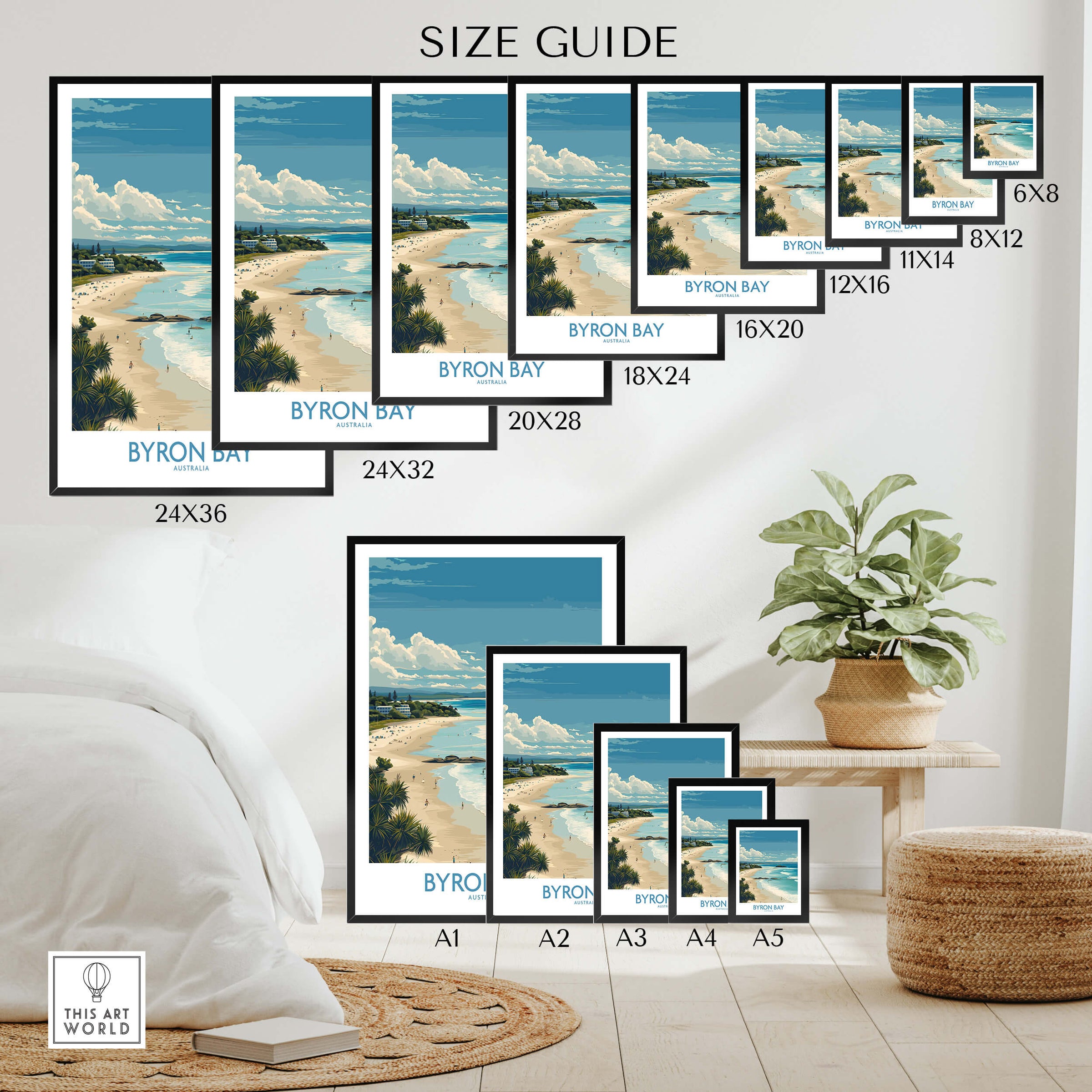 Byron Bay Wall Art Australia Travel Print size guide showcasing various frame sizes and artwork arrangement.