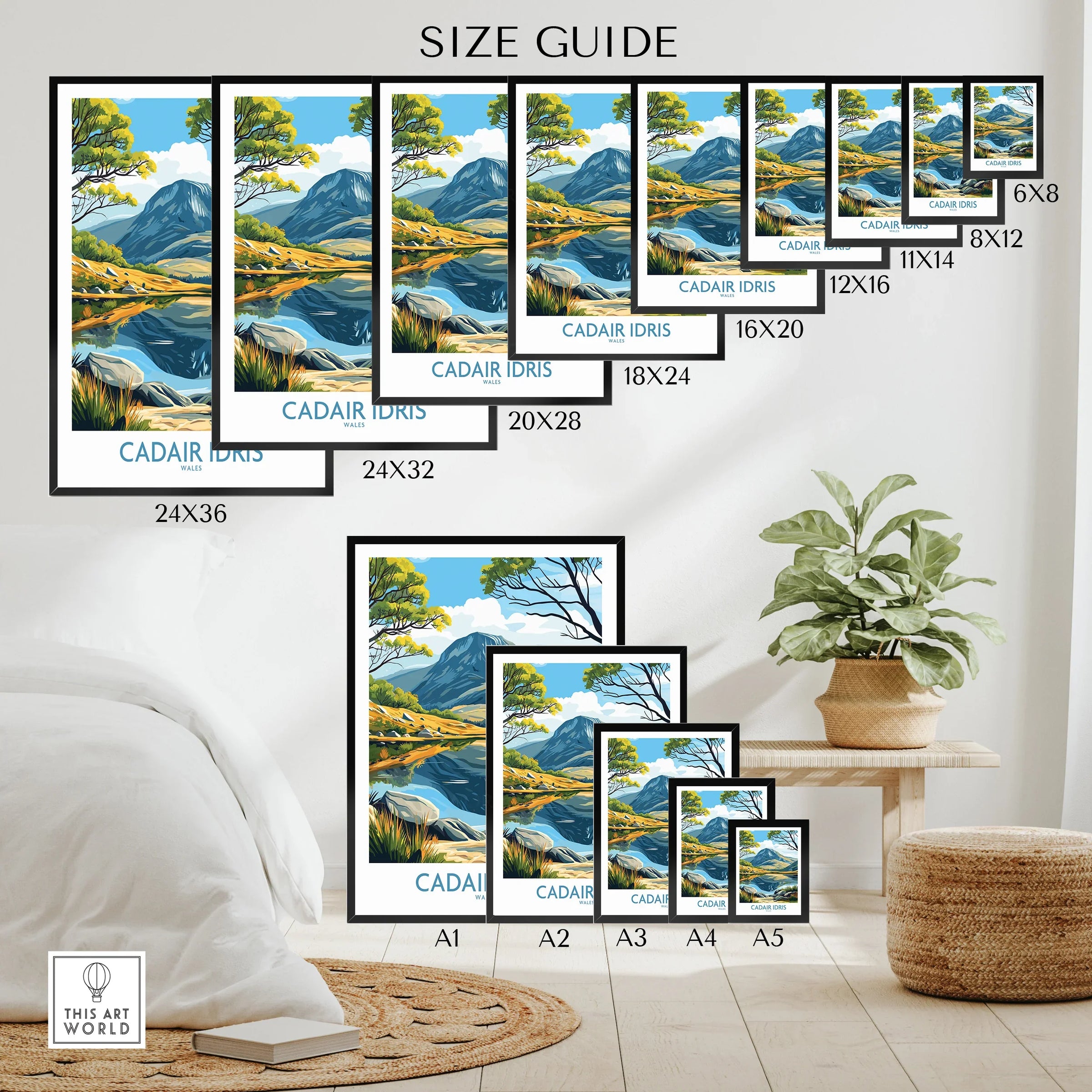 Wall art poster size guide featuring a colorful landscape of Cadair Idris mountain, with prints displayed in various sizes for home decor inspiration.