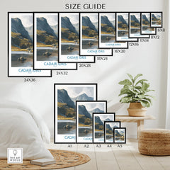 Wall art size guide with multiple framed landscape posters of Cadair Idris mountain, modern decor