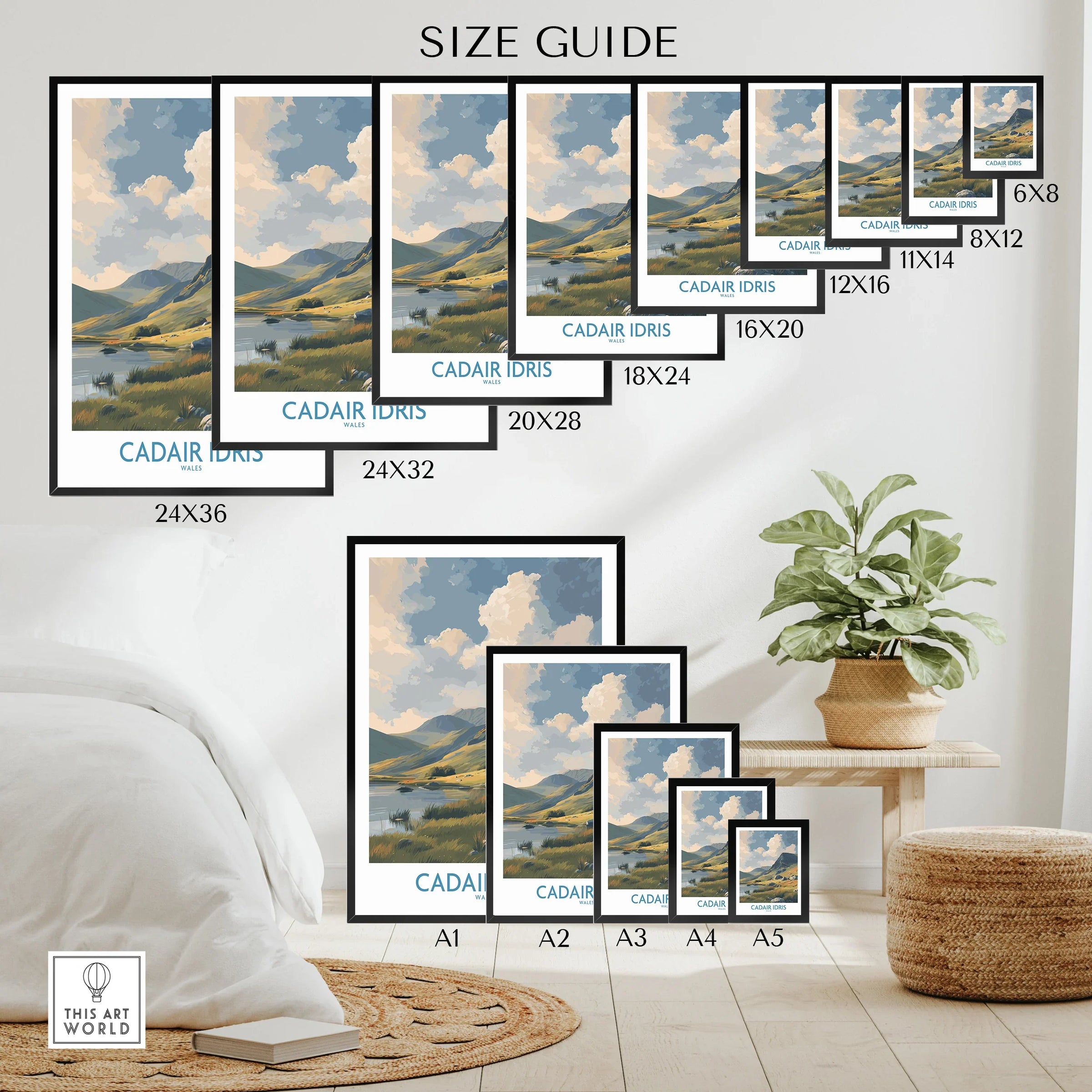 Wall art poster size guide with various prints of Cadair Idris landscape in modern room