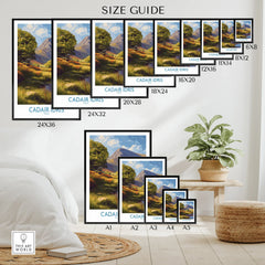 Wall art poster size guide with mountain landscape print, displayed in a modern bedroom.