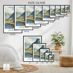 Wall art size guide showing mountain landscape travel poster for home decor