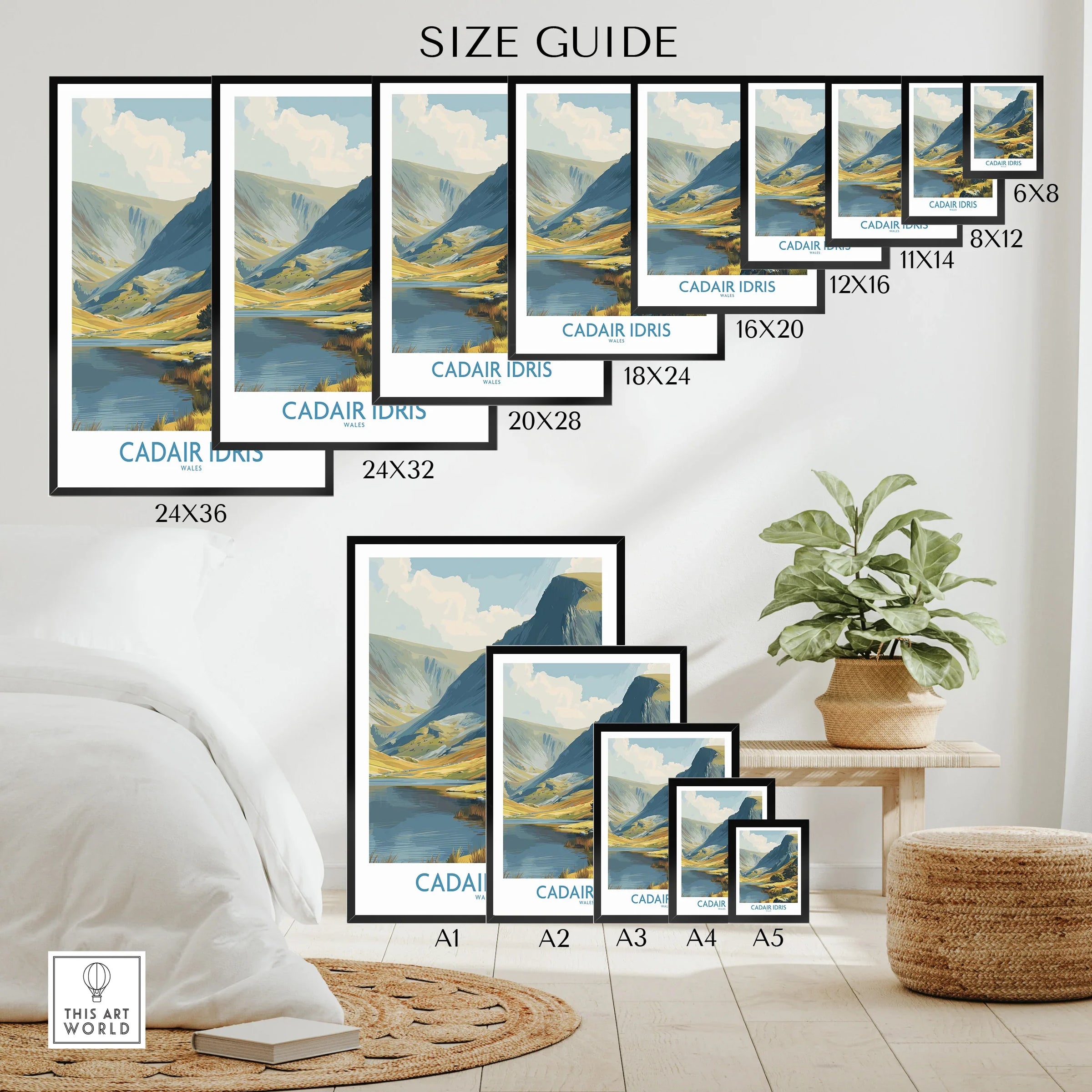Wall art size guide showing mountain landscape travel poster for home decor