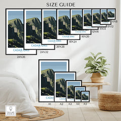 Wall art poster size guide with multiple framed Cadair Idris mountain prints in a modern room