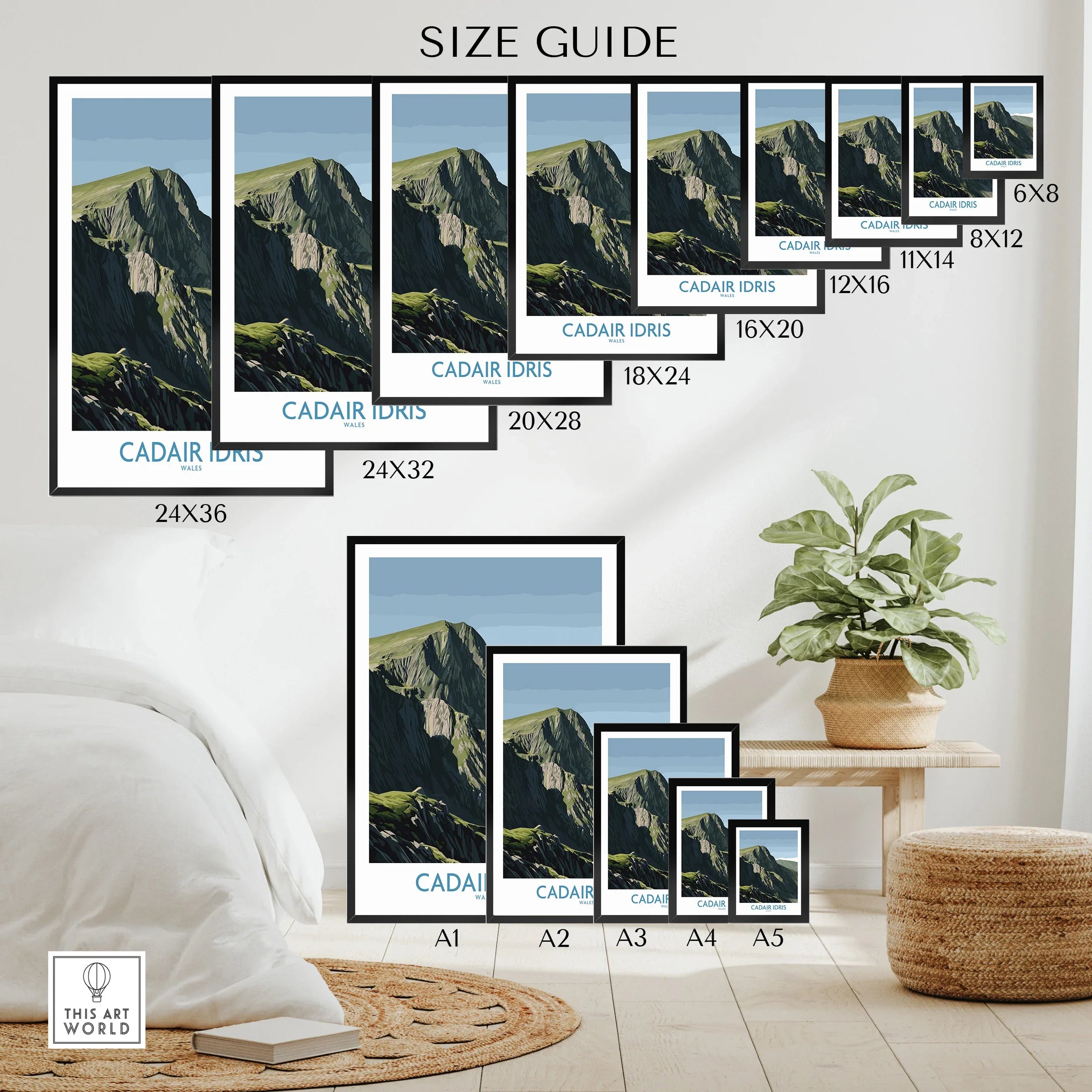 Wall art poster size guide with multiple framed Cadair Idris mountain prints in a modern room