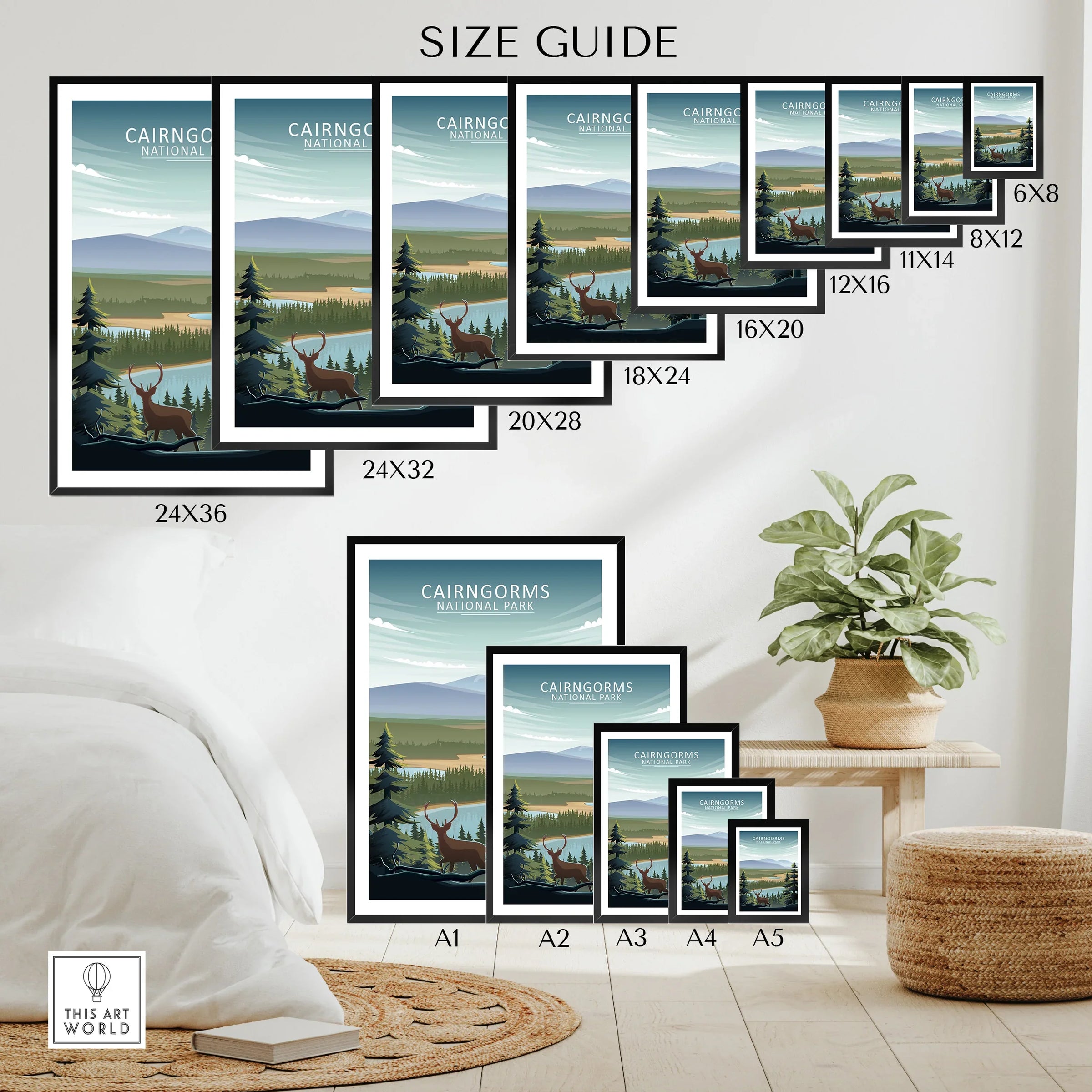 Cairngorms National Park wall art poster size guide with scenic landscape and deer, showing various print dimensions in a modern room setting.