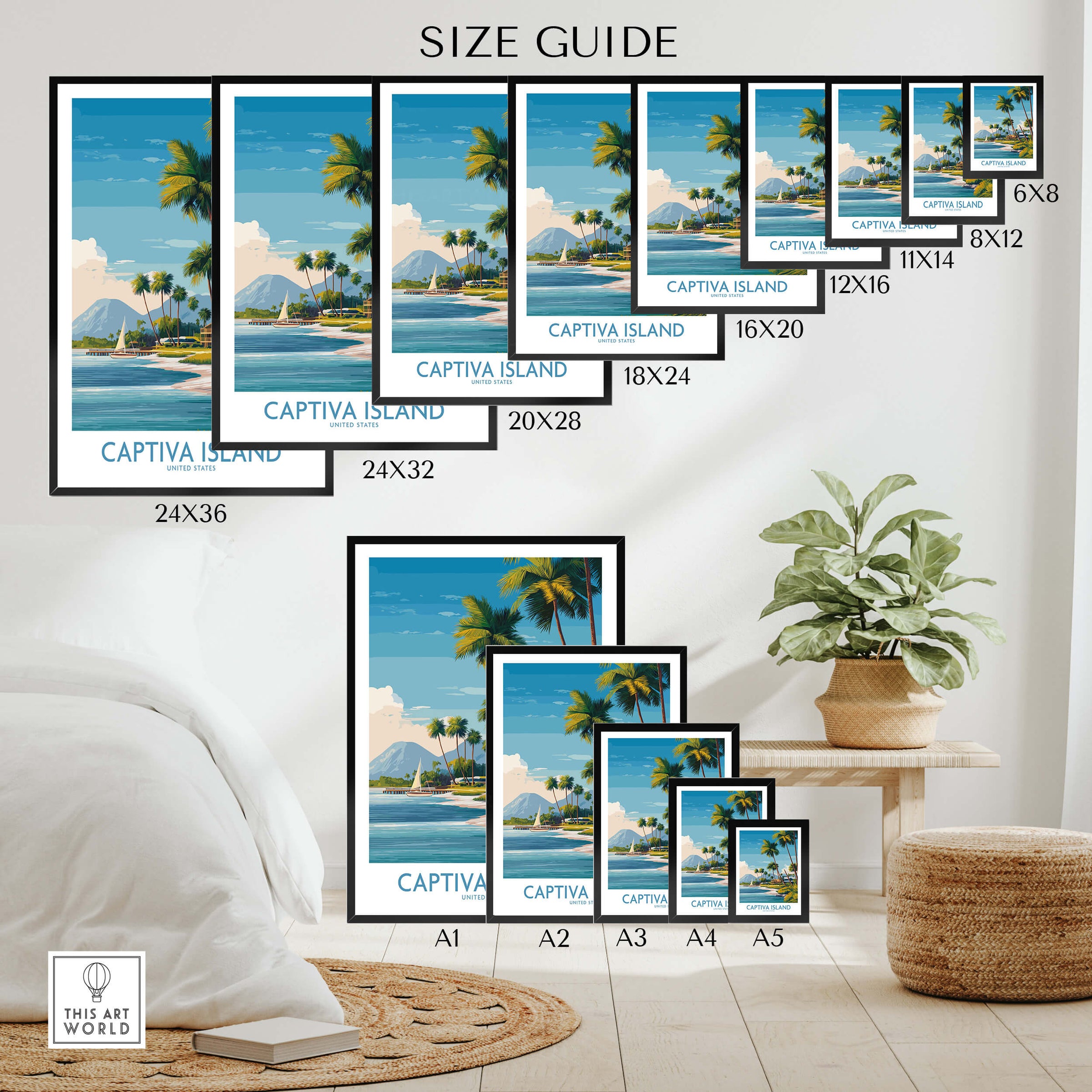 Captiva Island Florida Wall Art – Tropical Coastline and Sailboat Decor size guide showcasing various frame sizes.