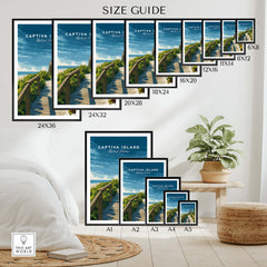 Captiva Island Poster – Florida Beach Print size guide with various frame sizes and living room display
