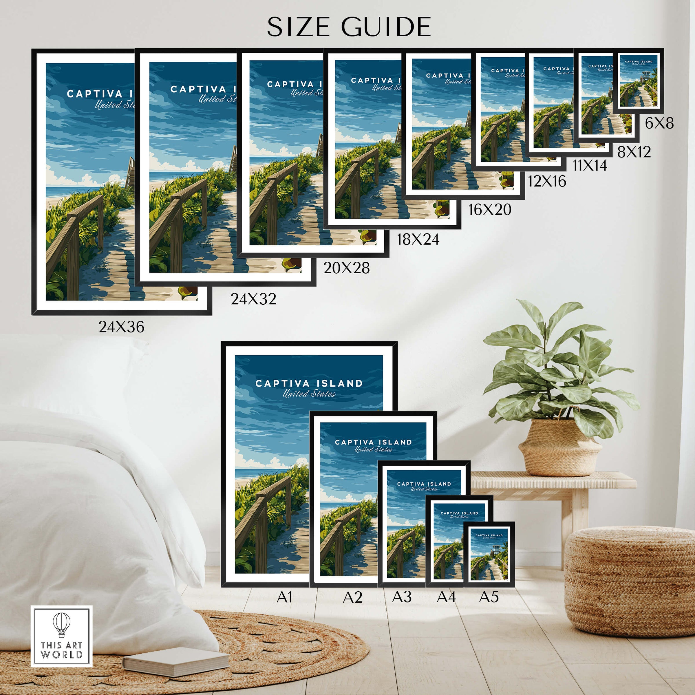 Captiva Island Poster – Florida Beach Print size guide with various frame sizes and living room display