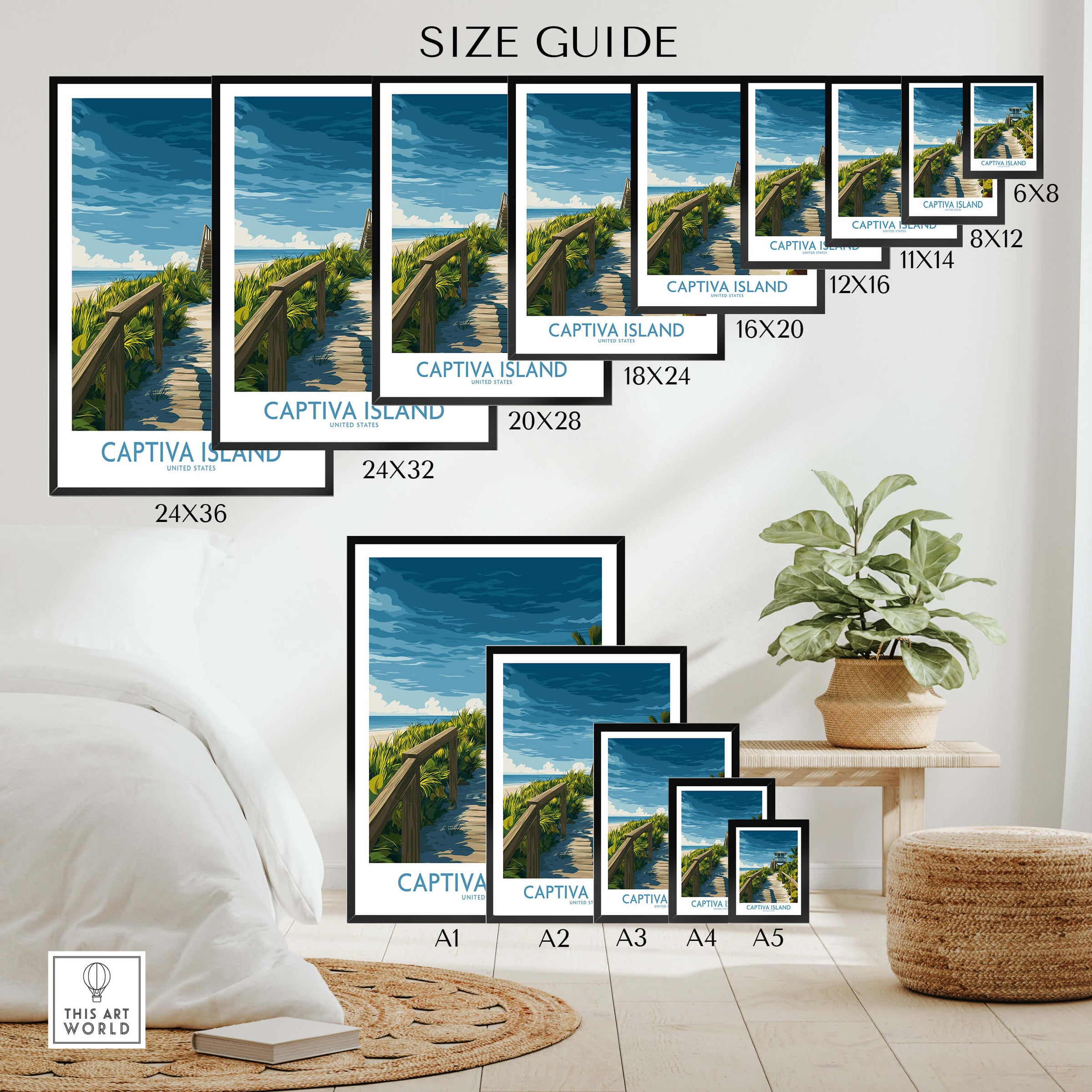 Captiva Island Florida Wall Art – Tropical Art size guide showcasing various frame sizes and layout options.