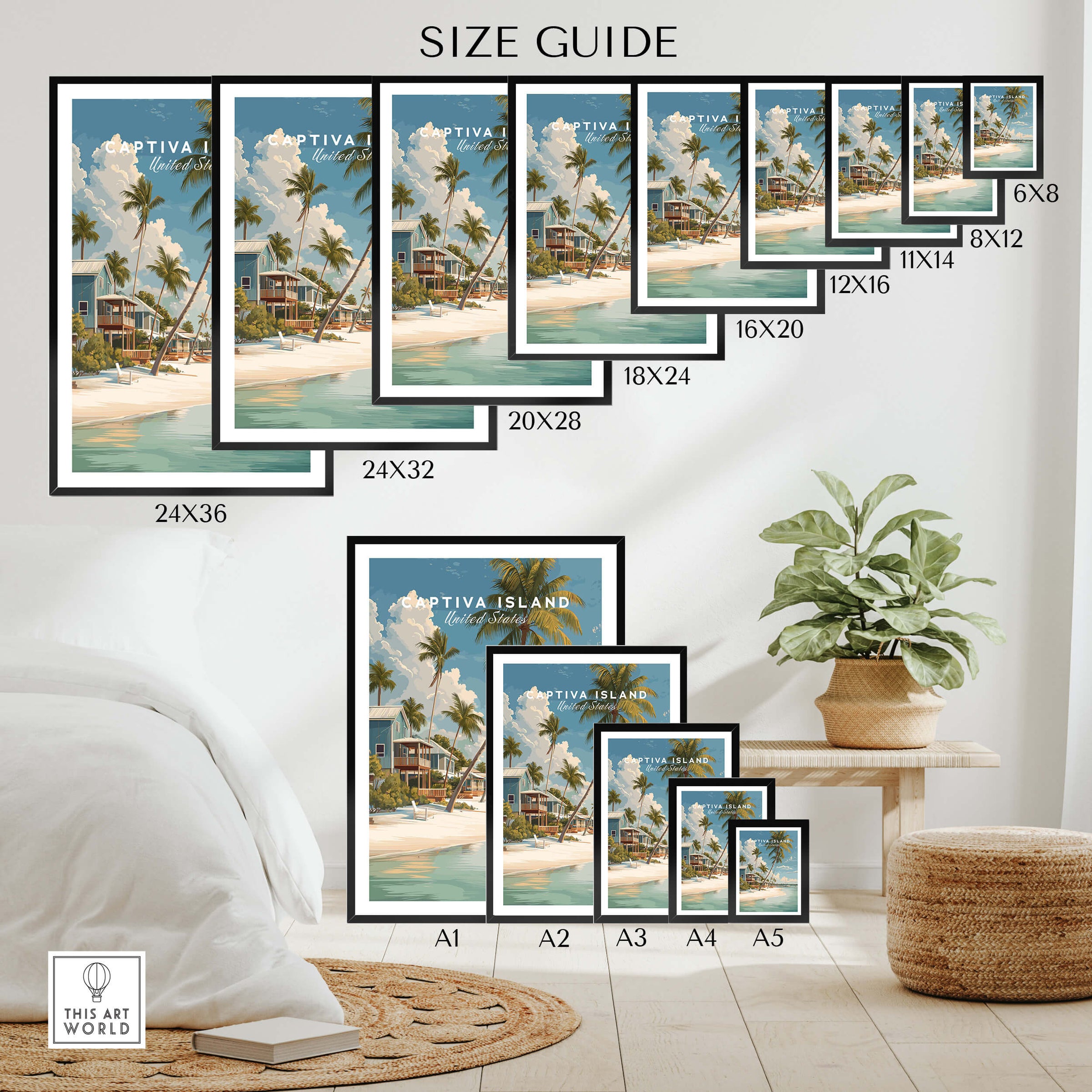 Captiva Island Florida Print – Coastal Palm Tree Art size guide with framed options showcased on a stylish interior setting.